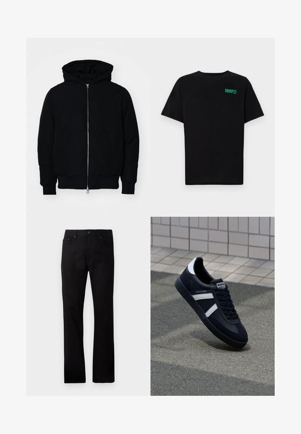 Černá kapucňová bunda s předním zipem, klokaní kapsou, vroubkovanými manžetami a spodním lemem, vystavená na čistém bílém pozadí.; Černé tričko vyrobené z bavlny s krátkým rukávem. Na přední straně se nachází zelené logo "ROOTS", kulatý výstřih a standardní střih.; Černé rovné džíny vyrobené z denimu, s předním zapínáním na knoflík, dvěma bočními kapsami a hladkou texturou.; Černé kožené tenisky s bílými pruhy, texturovanou gumovou podrážkou a šněrováním vpředu. Obsahují značenou etiketu na jazyku.