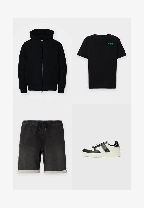 Črna kapuca jakna s sprednjim zadrgo, kenguru žepom, rebrastimi manšetami in hemom, razstavljena na enostavni beli ozadju.; Črna majica iz bombaža z kratkimi rokavi. Na sprednji strani ima zeleno logotip "ROOTS", okroglo ovratnico in standardno prileganje.; Črne denim kratke hlače z elastičnim pasom in vrvico. Imajo zavihke na robovih in subtilne teksturne razlike po celotni površini.; Usnjeni športni čevlji z črno in krem barvno shemo, ki vključujejo perforirane dodatke, podložen ovratnik in strukturirano podplat.