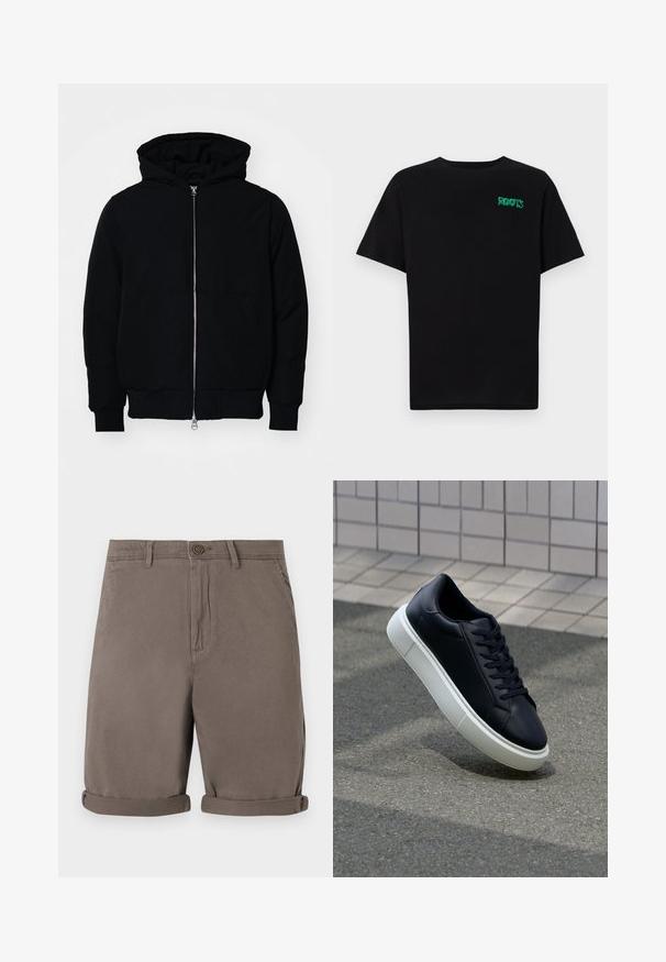 Black hooded jacket with front zipper, kangaroo pocket, ribbed cuffs, and hem, displayed on a plain white background.; Black t-shirt made of cotton with short sleeves. Features a green "ROOTS" logo on the front, round neckline, and standard fit.; Brown cotton shorts with a straight cut, featuring a button closure and rolled cuffs. Smooth texture, no visible patterns or accents.; Black leather sneaker with rounded toe and white rubber sole. Features flat laces and minimal stitching on the upper. Textured sole for grip.