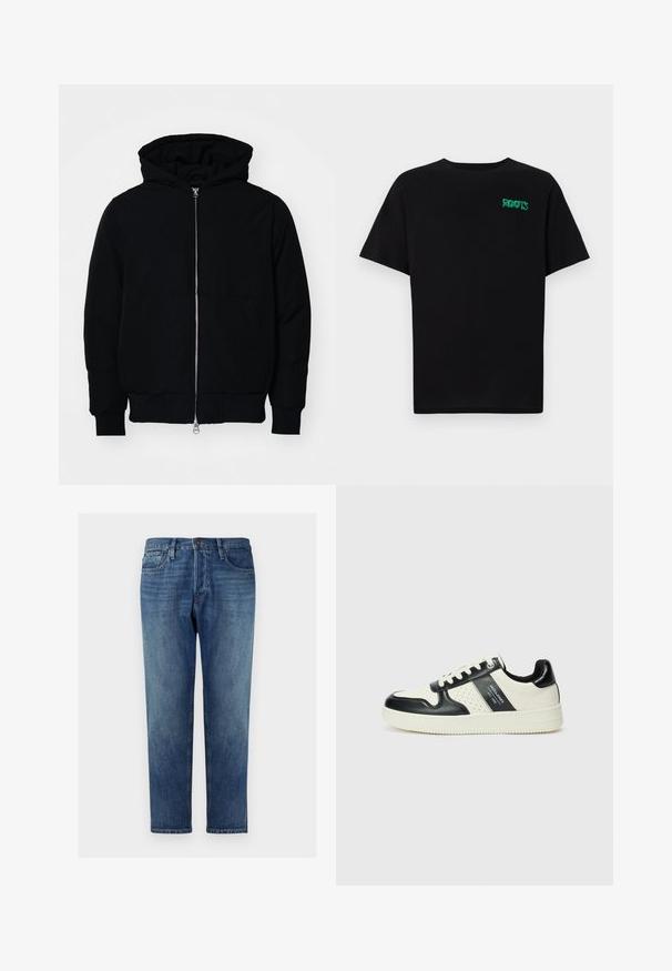 Jachetă neagră cu glugă, cu fermoar în față, buzunar tip kangaroo, mansete și tiv ribbed, prezentată pe un fundal alb simplu.; Tricou negru din bumbac, cu mâneci scurte. Prezintă un logo verde "ROOTS" pe față, guler rotund și o potrivire standard.; Jeans din denim albastru cu o croială dreaptă, design cu cinci buzunare, închidere cu nasture, spălare fadă și detalii subtile de cusătură pe marginile cusăturilor.; Tenisi din piele cu un scheme de culori negru și crem, dotati cu accente perforate, guler căptușit și o talpă texturată.