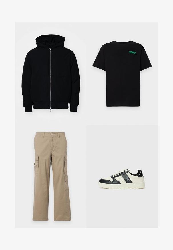 Giacca nera con cappuccio, dotata di zip frontale, tasca a marsupio, polsini e orlo a coste, esposta su uno sfondo bianco semplice.; T-shirt nera in cotone con maniche corte. Presenta un logo verde "ROOTS" sulla parte frontale, colletto rotondo e vestibilità standard.; Pantaloni cargo beige in cotone, con più tasche laterali, design a gamba dritta e chiusura con bottone. Texture liscia con dettagli di cucitura.; Sneakers in pelle con una combinazione di colori nero e crema, dotati di dettagli perforati, collare imbottito e suola testurizzata.