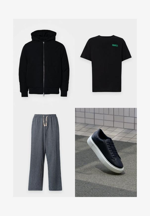 Czarna kurtka z kapturem, z suwakiem z przodu, kieszenią kangurką, ściągaczami przy mankietach i dolnym brzegu, prezentowana na jednolitym białym tle.; Czarna koszulka z bawełny z krótkim rękawem. Posiada zielone logo "ROOTS" z przodu, okrągły dekolt i standardowy krój.; Paski w niebiesko-granatowe spodnie z elastycznym pasem i sznurkiem, z kieszeniami po bokach i prostym krojem nogawek. Tekstura z bawełny.; Czarne skórzane sneakersy z okrągłym noskiem i białą gumową podeszwą. Posiadają płaskie sznurowadła i minimalne przeszycia na cholewce. Teksturowana podeszwa zapewnia przyczepność.