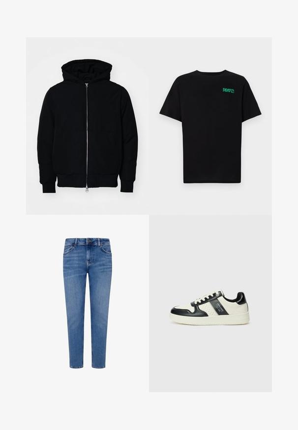 Juodas gobtuvėlis su priekiniu užtrauktuku, kengūros tipo kišene, lygiais rankogaliais ir apvadu, pateiktas ant vientiso balto fono.; Juodas medvilninis marškinėliai trumpomis rankovėmis. Priekyje yra žalias „ROOTS“ logotipas, apvalus iškirpimas ir standartinė prigludimo forma.; Mėlyni džinsai su tiesiomis kojomis, penkiais kišenėmis ir sagos uždarymu. Šie džinsai turi išblukusį plovimą ir subtilius siuvimo detalių akcentus.; Odiniai sportbačiai juodos ir kreminės spalvų schemoje, su perforuotais akcentais, paminkštinta apykakle ir tekstūruotu padu.