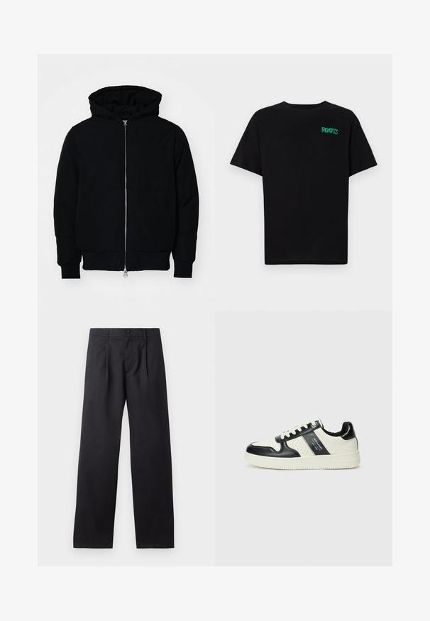 Fekete kapucnis dzseki elülső cipzárral, kenguruzsebbel, bordázott mandzsettákkal és aba, egy sima fehér háttér előtt.; Fekete, pamutból készült póló rövid ujjakkal. Elöl zöld "ROOTS" logóval, kerek nyakkivágással és normál szabással.; Fekete, bő szárú nadrág sima anyagból. Elöl pliszés betétek, gombos záródás és két oldalzseb található rajta.; Fekete és krém színű bőrsneaker, perforált díszítésekkel, párnázott bokapánttal és texturált talppal.