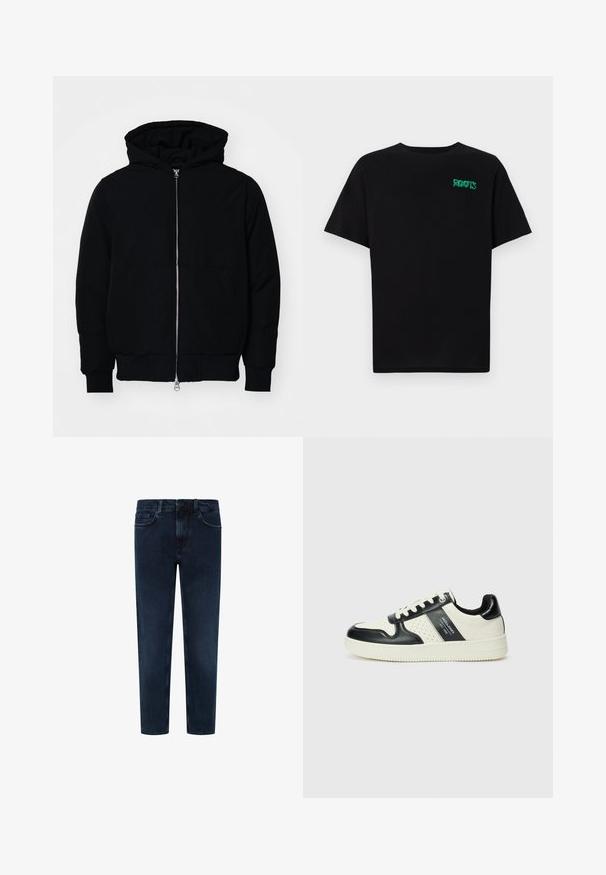 Mustaga kapuutsiga jakk, millel on esineed, kenguru tasku, soonikkoes, ja alläär, esitatud lihtsal valgel taustal.; Must t-särk, mis on valmistatud puuvillast, lühikeste varrukatega. Esipaneelil on roheline "ROOTS" logo, ümmargune kaelus ja tavapärane lõige.; Tumed sinised denim teksad sirge lõikega, millel on nööp ja tõmblukk, viis taskut ning kerge pleekimine ees.; Nahatud nahkkingad musta ja kreemi värviskeemiga, millel on perforeeritud aktsendid, pehme krae ja tekstureeritud tallad.