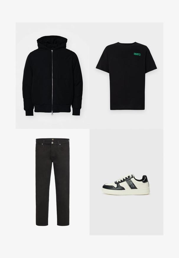 Jachetă neagră cu glugă, cu fermoar în față, buzunar tip kangaroo, mansete și tiv ribbed, prezentată pe un fundal alb simplu.; Tricou negru din bumbac, cu mâneci scurte. Prezintă un logo verde "ROOTS" pe față, guler rotund și o potrivire standard.; Blugi negri cu croi drept, cu închidere cu nasture și fermoar, buzunare în față și spate, și bucle pentru curea, de la brandul Lee.; Tenisi din piele cu un scheme de culori negru și crem, dotati cu accente perforate, guler căptușit și o talpă texturată.