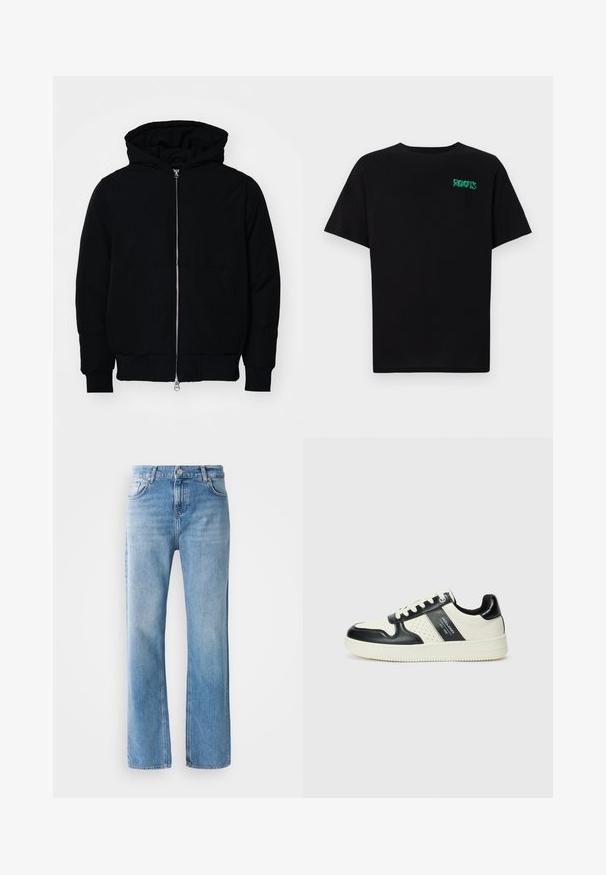 Chaqueta negra con capucha, cierre frontal, bolsillo tipo canguro, y puños y dobladillo acanalados, exhibida sobre un fondo blanco liso.; Camiseta negra de algodón con mangas cortas. Presenta un logo verde "ROOTS" en el frente, escote redondo y corte estándar.; Vaqueros de mezclilla azul claro con corte recto. Incluye cierre de botón, presillas para cinturón y bolsillos frontales/laterales con un desvanecimiento mínimo.; Zapatillas de cuero con un esquema de colores negro y crema, que cuentan con acentos perforados, un collar acolchado y una suela texturizada.