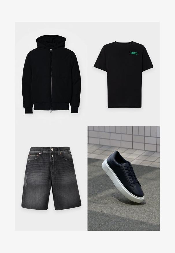 Juodas gobtuvėlis su priekiniu užtrauktuku, kengūros tipo kišene, lygiais rankogaliais ir apvadu, pateiktas ant vientiso balto fono.; Juodas medvilninis marškinėliai trumpomis rankovėmis. Priekyje yra žalias „ROOTS“ logotipas, apvalus iškirpimas ir standartinė prigludimo forma.; Juodi džinsiniai šortai su išblukusiu alyvuogių atspalviu, turintys penkis kišenes, varinę aparatūrą ir tiesią kojų dizainą.; Juodas odinis sportbačius su apvaliu pirštu ir baltu gumuotu padu. Turi plokščias raišteles ir minimalų siuvimą viršuje. Padangos tekstūra užtikrina sukibimą.