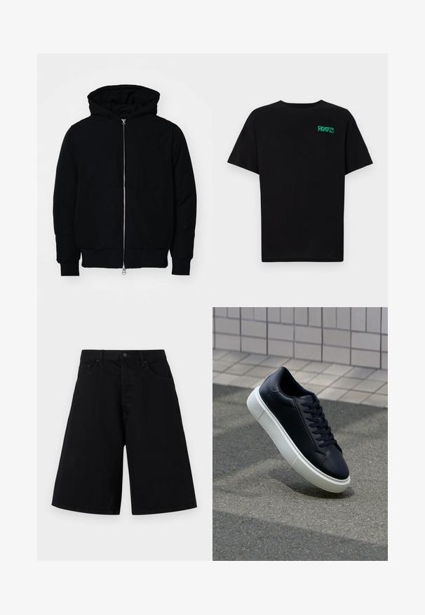 Sort hættejakke med frontlynlås, kængurulomme, ribbede manchetter og kant, præsenteret på en ensfarvet hvid baggrund.; Sort t-shirt lavet af bomuld med korte ærmer. Har et grønt "ROOTS" logo på forsiden, rund halsudskæring og almindelig pasform.; Sorte denimshorts med en afslappet pasform, der har et klassisk fem-lomme-design og knaplukning, glat tekstur og lige ben.; Sort lædersneaker med rund tå og hvid gummisål. Har flade snørebånd og minimal syning på overdelen. Tekstureret sål for bedre greb.