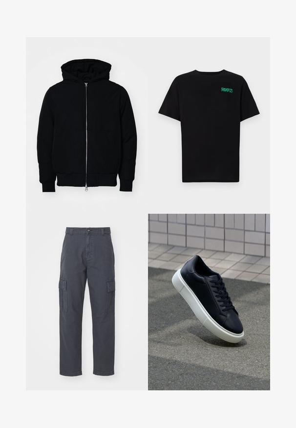 Czarna kurtka z kapturem, z suwakiem z przodu, kieszenią kangurką, ściągaczami przy mankietach i dolnym brzegu, prezentowana na jednolitym białym tle.; Czarna koszulka z bawełny z krótkim rękawem. Posiada zielone logo "ROOTS" z przodu, okrągły dekolt i standardowy krój.; Ciemnoszare spodnie cargo wykonane z bawełny, z dwiema bocznymi kieszeniami, prostym krojem nogawki i zapięciem na guzik w talii.; Czarne skórzane sneakersy z okrągłym noskiem i białą gumową podeszwą. Posiadają płaskie sznurowadła i minimalne przeszycia na cholewce. Teksturowana podeszwa zapewnia przyczepność.