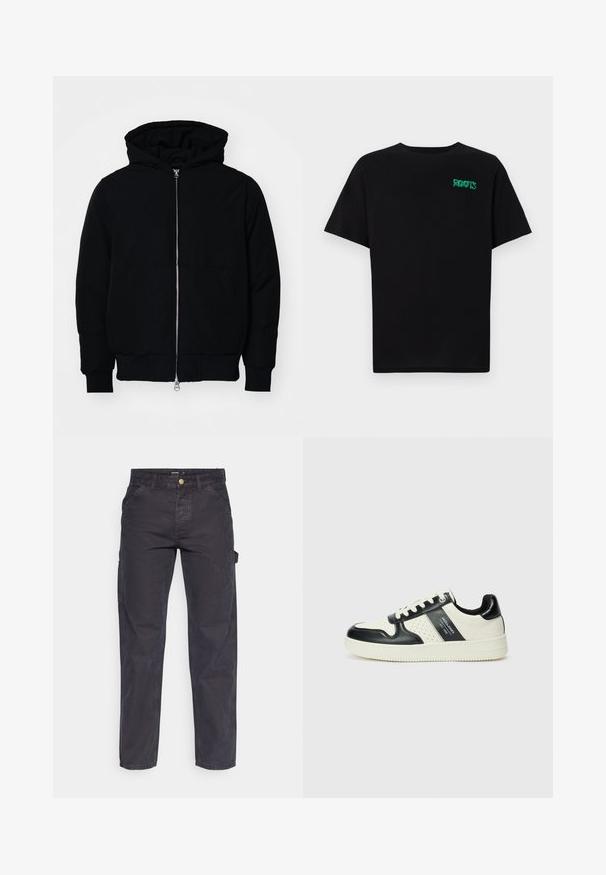 Juodas gobtuvėlis su priekiniu užtrauktuku, kengūros tipo kišene, lygiais rankogaliais ir apvadu, pateiktas ant vientiso balto fono.; Juodas medvilninis marškinėliai trumpomis rankovėmis. Priekyje yra žalias „ROOTS“ logotipas, apvalus iškirpimas ir standartinė prigludimo forma.; Tamsiai pilkos krovininės kelnės, pagamintos iš patvarios medžiagos, su tiesaus kirpimo, penkiomis kišenėmis ir mygtukiniu užtrauktuku liemens srityje.; Odiniai sportbačiai juodos ir kreminės spalvų schemoje, su perforuotais akcentais, paminkštinta apykakle ir tekstūruotu padu.