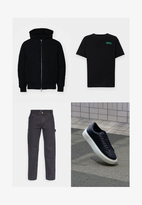 Černá kapucňová bunda s předním zipem, klokaní kapsou, vroubkovanými manžetami a spodním lemem, vystavená na čistém bílém pozadí.; Černé tričko vyrobené z bavlny s krátkým rukávem. Na přední straně se nachází zelené logo "ROOTS", kulatý výstřih a standardní střih.; Tmavě šedé cargo kalhoty vyrobené z odolné látky, s rovnými nohavicemi, pěti kapsami a knoflíkovým zapínáním v pase.; Černé kožené tenisky s kulatou špičkou a bílou gumovou podrážkou. mají ploché tkaničky a minimální šití na svršku. Texturovaná podrážka pro lepší přilnavost.