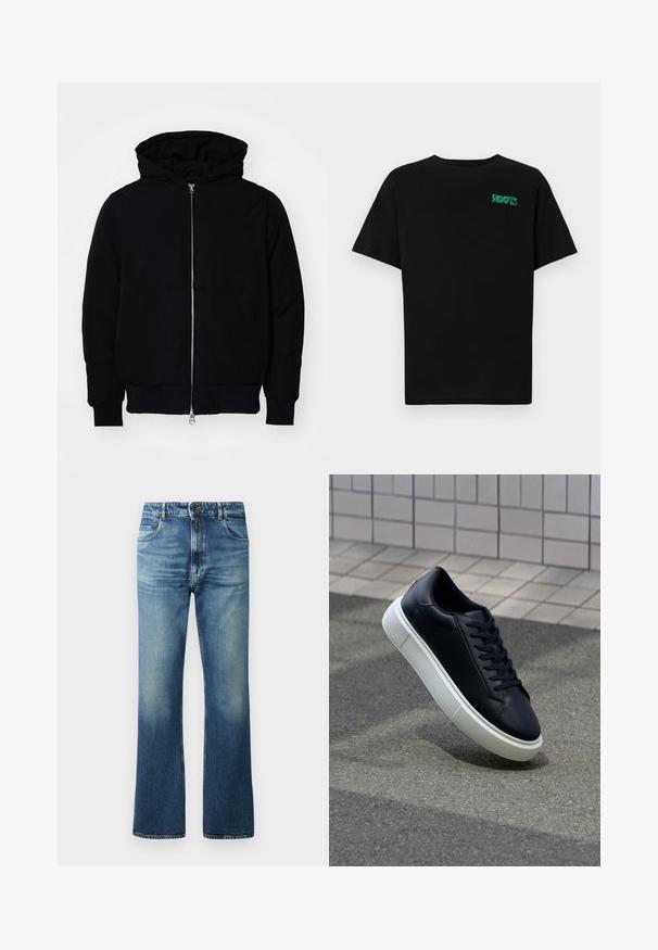 Mustaga kapuutsiga jakk, millel on esineed, kenguru tasku, soonikkoes, ja alläär, esitatud lihtsal valgel taustal.; Must t-särk, mis on valmistatud puuvillast, lühikeste varrukatega. Esipaneelil on roheline "ROOTS" logo, ümmargune kaelus ja tavapärane lõige.; Sinine teksapüksid, millel on laienev säärte disain, heledaks pestud viimistlus, viis taskut ja nööpidega kinnitamine.; Mustast nahast tennisetoss, millel on ümar nina ja valge kummist tall. Omab siredaid paelu ja minimaalset õmblemist ülemises osas. Tekstuuriga tald, mis tagab haakuvuse.