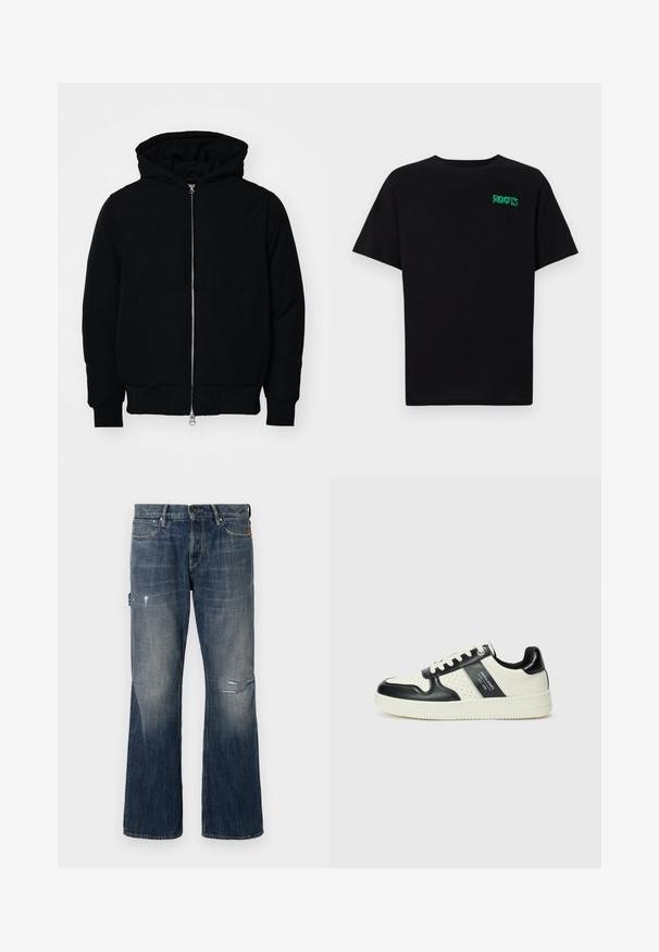 Mustat huppu-untuvatakki, jossa on vetoketju edessä, kenguru-tasku, ribatut hihansuut ja helma, esillä yksinkertaisella valkoisella taustalla.; Mustat t-paidat, jotka on valmistettu puuvillasta ja joissa on lyhyet hihat. Edessä vihreä "ROOTS"-logo, pyöreä kaula-aukko ja normaali istuvuus.; Tummansiniset farkut, joissa on haalistunut pesu. Ominaisuuksiin kuuluu leveä lahkeensuu, kulutettuja yksityiskohtia, kuten repeämä, sekä standardi viiden taskun malli.; Nahkakengät musta-kerma värimaailmassa, joissa on rei'itetyt yksityiskohdat, pehmustettu nilkkaosa ja teksturoitu pohja.