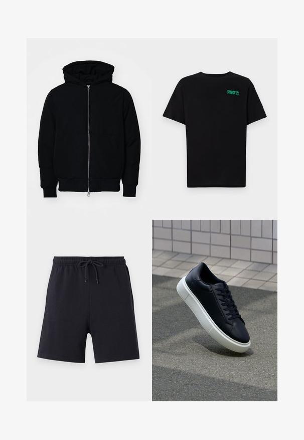 Veste à capuche noire avec fermeture éclair sur le devant, poche kangourou, poignets et ourlet côtelés, présentée sur un fond blanc uni.; T-shirt noir en coton à manches courtes. Présente un logo "ROOTS" vert sur le devant, un col rond et une coupe standard.; Shorts en coton noirs avec une taille élastique et un cordon de serrage, présentant un design simple et une texture lisse.; Baskets noires en cuir avec bout arrondi et semelle en caoutchouc blanc. Elles présentent des lacets plats et une couture minimale sur la tige. Semelle texturée pour une bonne adhérence.
