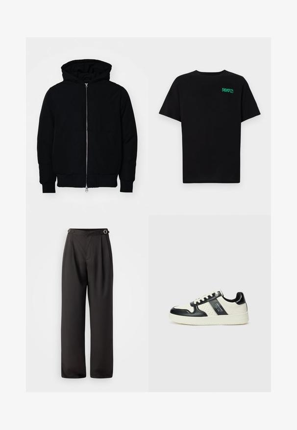 Črna kapuca jakna s sprednjim zadrgo, kenguru žepom, rebrastimi manšetami in hemom, razstavljena na enostavni beli ozadju.; Črna majica iz bombaža z kratkimi rokavi. Na sprednji strani ima zeleno logotip "ROOTS", okroglo ovratnico in standardno prileganje.; Črne široke hlače iz gladkega materiala, z visokim pasom, dvema srebrnima zaponkama na pasu in nagubanimi detajli spredaj.; Usnjeni športni čevlji z črno in krem barvno shemo, ki vključujejo perforirane dodatke, podložen ovratnik in strukturirano podplat.