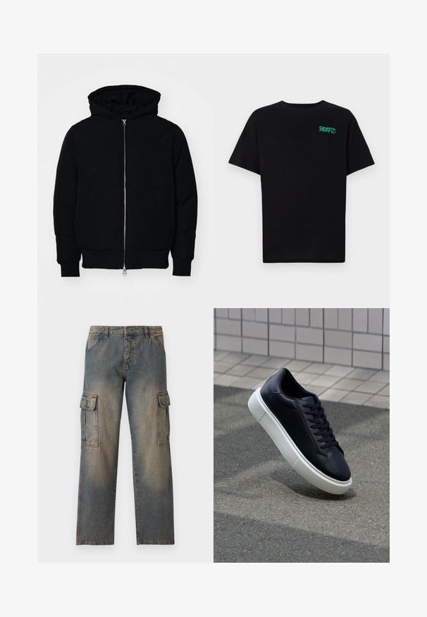 Giacca nera con cappuccio, dotata di zip frontale, tasca a marsupio, polsini e orlo a coste, esposta su uno sfondo bianco semplice.; T-shirt nera in cotone con maniche corte. Presenta un logo verde "ROOTS" sulla parte frontale, colletto rotondo e vestibilità standard.; Pantaloni cargo in denim di colore blu sbiadito, vestibilità ampia, due grandi tasche laterali, cuciture a punto e un design della vita classico.; Sneaker in pelle nera con punta arrotondata e suola in gomma bianca. Presenta lacci piatti e cuciture minime sulla parte superiore. Suola testurizzata per una migliore aderenza.