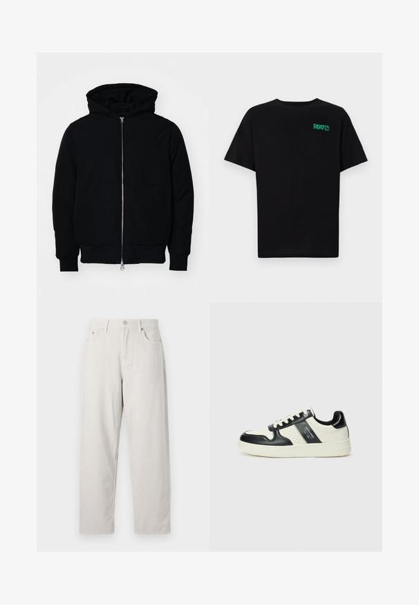 Black hooded jacket with front zipper, kangaroo pocket, ribbed cuffs, and hem, displayed on a plain white background.; Black t-shirt made of cotton with short sleeves. Features a green "ROOTS" logo on the front, round neckline, and standard fit.; Light beige high-waisted jeans in a straight-leg design. Made of thick cotton fabric with prominent front pockets and a single metal button.; Leather sneakers with a black and cream color scheme, featuring perforated accents, a padded collar, and a textured outsole.