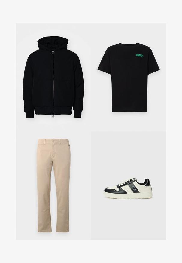 Chaqueta negra con capucha, cierre frontal, bolsillo tipo canguro, y puños y dobladillo acanalados, exhibida sobre un fondo blanco liso.; Camiseta negra de algodón con mangas cortas. Presenta un logo verde "ROOTS" en el frente, escote redondo y corte estándar.; Chinos beige de algodón, con un diseño de pierna recta, cierre de botón tradicional y bolsillos laterales con costuras limpias.; Zapatillas de cuero con un esquema de colores negro y crema, que cuentan con acentos perforados, un collar acolchado y una suela texturizada.
