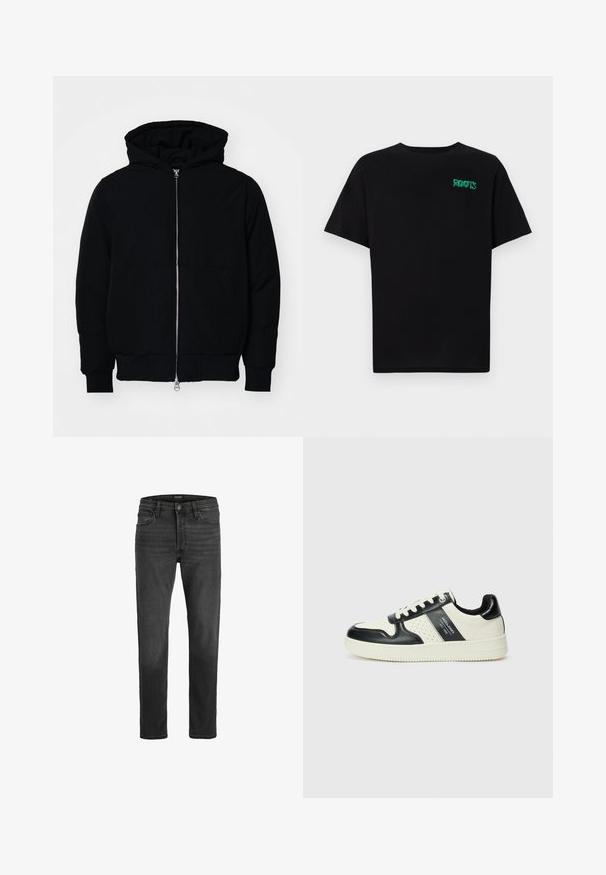 Giacca nera con cappuccio, dotata di zip frontale, tasca a marsupio, polsini e orlo a coste, esposta su uno sfondo bianco semplice.; T-shirt nera in cotone con maniche corte. Presenta un logo verde "ROOTS" sulla parte frontale, colletto rotondo e vestibilità standard.; Jeans in denim nero con vestibilità dritta, design a cinque tasche e chiusura con zip. Presentano un leggero sbiadimento e cuciture a contrasto.; Sneakers in pelle con una combinazione di colori nero e crema, dotati di dettagli perforati, collare imbottito e suola testurizzata.