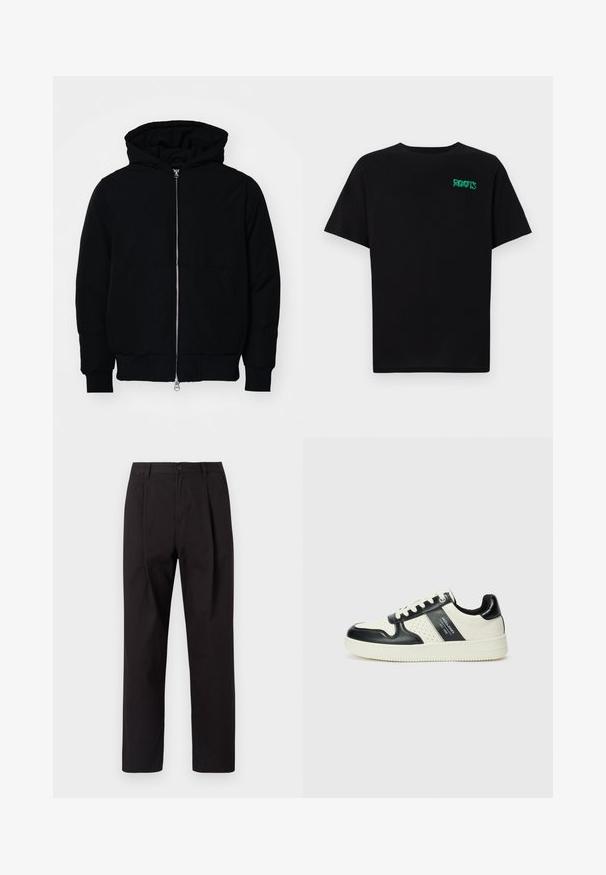Veste à capuche noire avec fermeture éclair sur le devant, poche kangourou, poignets et ourlet côtelés, présentée sur un fond blanc uni.; T-shirt noir en coton à manches courtes. Présente un logo "ROOTS" vert sur le devant, un col rond et une coupe standard.; Jack & Jones JPSTBILL WILLIAM WORKER - Chino - black; Baskets en cuir avec un schéma de couleurs noir et crème, dotées d'accents perforés, d'un col rembourré et d'une semelle texturée.