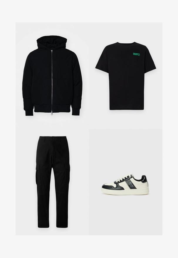 Mustat huppu-untuvatakki, jossa on vetoketju edessä, kenguru-tasku, ribatut hihansuut ja helma, esillä yksinkertaisella valkoisella taustalla.; Mustat t-paidat, jotka on valmistettu puuvillasta ja joissa on lyhyet hihat. Edessä vihreä "ROOTS"-logo, pyöreä kaula-aukko ja normaali istuvuus.; Mustat cargo-housut, joissa on useita sivutaskuja, suora lahjetyyli ja nappikiinnitys, valmistettu kestävästä puuvillamateriaalista.; Nahkakengät musta-kerma värimaailmassa, joissa on rei'itetyt yksityiskohdat, pehmustettu nilkkaosa ja teksturoitu pohja.