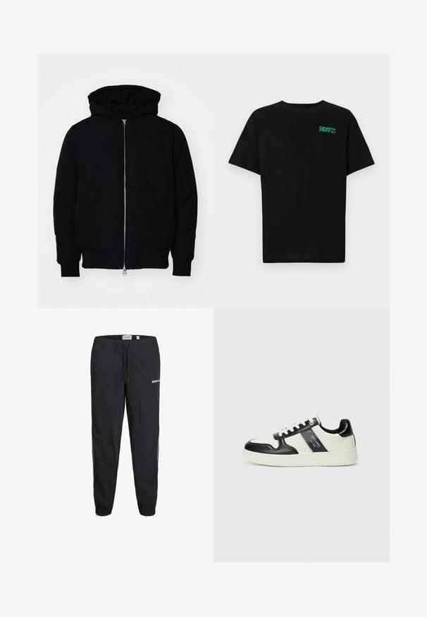 Crna kapuška jakna s prednjim zatvaračem, kenguru džepom, rebrastim manžetama i rubom, prikazana na običnoj bijeloj pozadini.; Crna majica kratkih rukava od pamuka. Na prednjem dijelu se nalazi zeleni "ROOTS" logo, okrugli izrez i standardni kroj.; Crne atletske hlače s elastičnim pojasom, vezicom i suženim gležnjevima. Imaju logo na prednjoj strani i kontrastne bočne pruge.; Kožne tenisice s crno-bijelom paletom boja, koje imaju perforirane akcentne detalje, podstavljeni ovratnik i teksturiranu potplat.