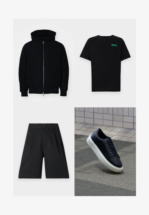 Black hooded jacket with front zipper, kangaroo pocket, ribbed cuffs, and hem, displayed on a plain white background.; Black t-shirt made of cotton with short sleeves. Features a green "ROOTS" logo on the front, round neckline, and standard fit.; Black shorts made of cotton, featuring a straight cut, pleats, a button closure, and a smooth texture. No visible patterns or accents.; Black leather sneaker with rounded toe and white rubber sole. Features flat laces and minimal stitching on the upper. Textured sole for grip.