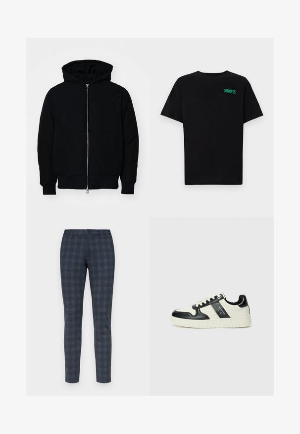 Crna kapuška jakna s prednjim zatvaračem, kenguru džepom, rebrastim manžetama i rubom, prikazana na običnoj bijeloj pozadini.; Crna majica kratkih rukava od pamuka. Na prednjem dijelu se nalazi zeleni "ROOTS" logo, okrugli izrez i standardni kroj.; Uske uskoj krojenoj tamnoplavoj kariranoj hlačama s blagom teksturom, s prednjim zatvaračem na gumbe i petljama za remen. Glatki materijal s krojenim dizajnom.; Kožne tenisice s crno-bijelom paletom boja, koje imaju perforirane akcentne detalje, podstavljeni ovratnik i teksturiranu potplat.