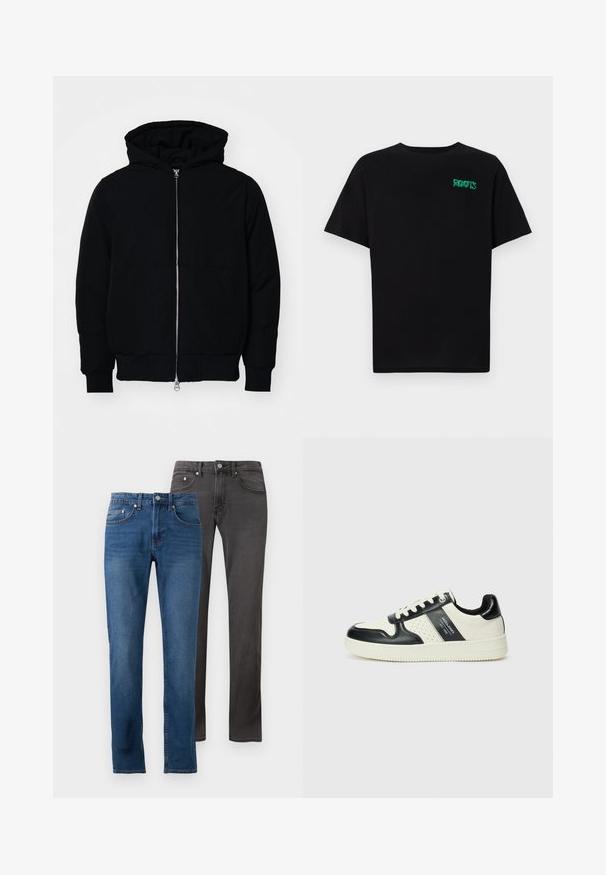 Zwarte hoodie met rits aan de voorkant, kangoeroe-pocket, geribbelde manchetten en zoom, weergegeven op een effen witte achtergrond.; Zwarte T-shirt van katoen met korte mouwen. Heeft een groen "ROOTS" logo op de voorkant, een ronde halslijn en een standaard pasvorm.; Twee spijkerbroeken: de ene in medium blauw met een verwassen afwerking, de andere in donkergrijs met een gladde textuur. Beide hebben een rechte pasvorm en vijf zakken.; Leren sneakers met een zwart en crèmekleurig kleurenschema, voorzien van geperforeerde accenten, een gevoerde kraag en een gestructureerde buitenzool.