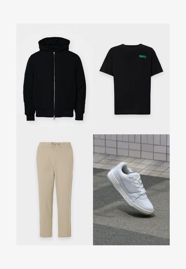 Veste à capuche noire avec fermeture éclair sur le devant, poche kangourou, poignets et ourlet côtelés, présentée sur un fond blanc uni.; T-shirt noir en coton à manches courtes. Présente un logo "ROOTS" vert sur le devant, un col rond et une coupe standard.; Pantalons lounge beiges avec une taille élastique et un cordon de serrage, présentant une coupe droite et une texture douce et lisse.; Baskets en cuir blanc avec des côtés perforés, des accents texturés, des lacets plats et un talon gris contrasté. Présente une semelle légèrement surélevée.