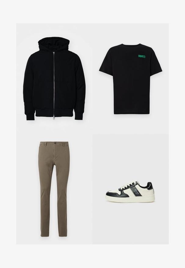 Jachetă neagră cu glugă, cu fermoar în față, buzunar tip kangaroo, mansete și tiv ribbed, prezentată pe un fundal alb simplu.; Tricou negru din bumbac, cu mâneci scurte. Prezintă un logo verde "ROOTS" pe față, guler rotund și o potrivire standard.; Pantaloni khaki slim-fit cu bucle pentru curea, nasture în față, închidere cu fermoar și buzunare laterale, expuși pe un fundal alb.; Tenisi din piele cu un scheme de culori negru și crem, dotati cu accente perforate, guler căptușit și o talpă texturată.