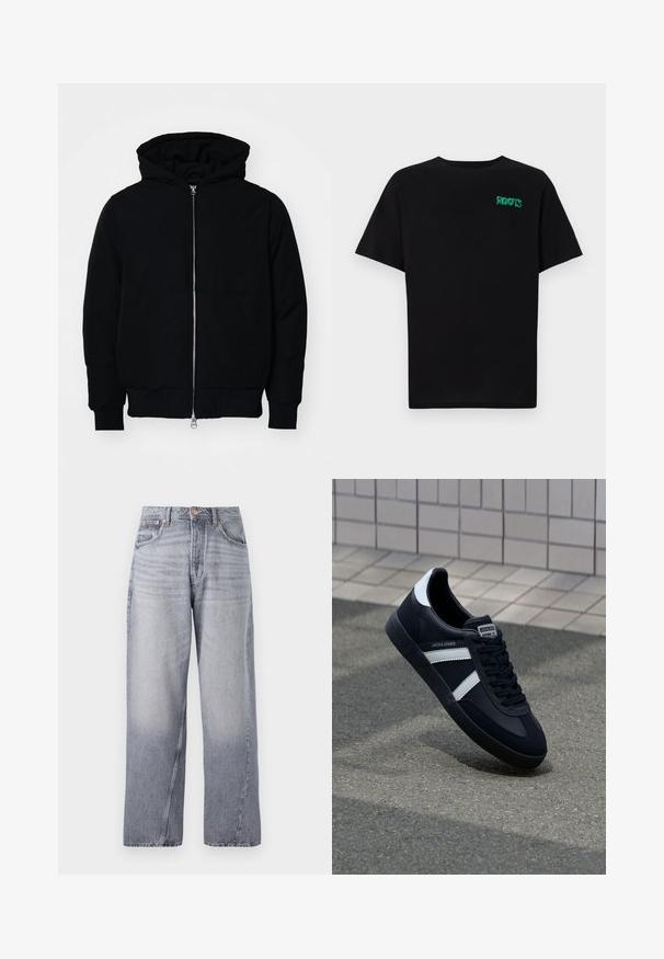 Veste à capuche noire avec fermeture éclair sur le devant, poche kangourou, poignets et ourlet côtelés, présentée sur un fond blanc uni.; T-shirt noir en coton à manches courtes. Présente un logo "ROOTS" vert sur le devant, un col rond et une coupe standard.; Jeans en denim bleu clair, à jambes larges, avec une finition décolorée, design à cinq poches et couture visible. Présente un bouton en cuivre et une fermeture éclair.; Sneaker en cuir noir avec des rayures blanches, semelle en caoutchouc texturée et devant à lacets. Présente une étiquette de marque sur la languette.