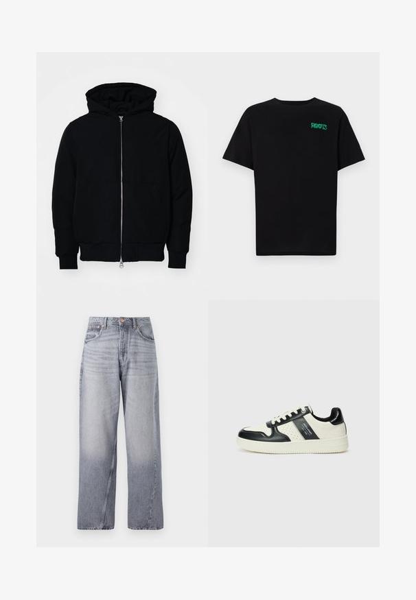 Melna kapucēta jaka ar priekšējo rāvējslēdzēju, kenguru kabatu, ribinātām aprocēm un apakšmalu, parādīta uz vienkārša balta fona.; Melna kokvilnas t-kreka ar īsām piedurknēm. Uz priekšu ir zaļa "ROOTS" logo, apaļa kakla izgriezums un standarta piegriezums.; Gaiši zili, platziem jostas džinsi ar izbalējušu apdari, piecu kabatu dizainu un redzamām šuvēm. Iespējo vara pogu un rāvējslēdzēja aizdari.; Ādas sporta apavi ar melnbaltu krāsu shēmu, ar perforētiem akcentiem, mīkstinātu apkakli un teksturētu zoli.