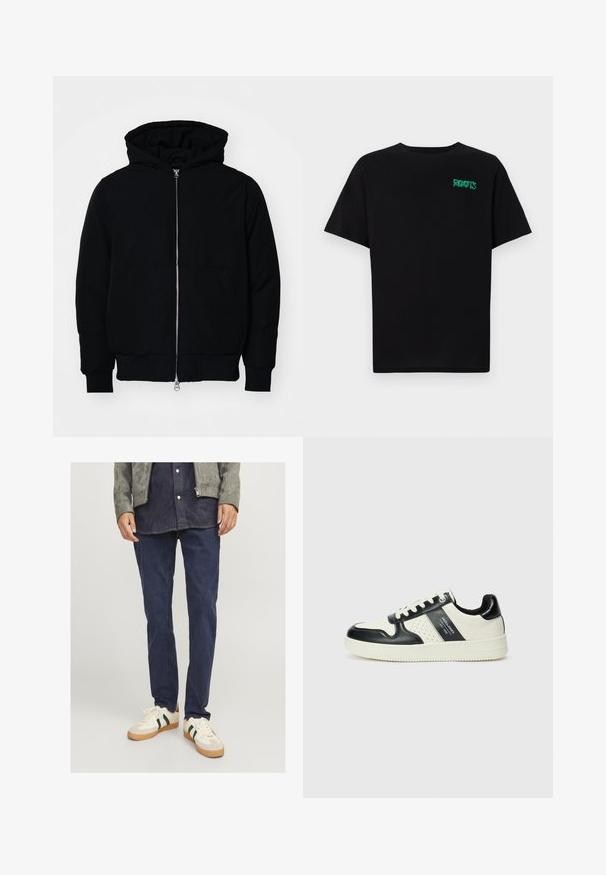 Crna kapuška jakna s prednjim zatvaračem, kenguru džepom, rebrastim manžetama i rubom, prikazana na običnoj bijeloj pozadini.; Crna majica kratkih rukava od pamuka. Na prednjem dijelu se nalazi zeleni "ROOTS" logo, okrugli izrez i standardni kroj.; Tamno plave traperice ravnog kroja, uparene sa sivim suknom od antilopa i bijelim teniskama s zelenim i crvenim prugama.; Kožne tenisice s crno-bijelom paletom boja, koje imaju perforirane akcentne detalje, podstavljeni ovratnik i teksturiranu potplat.