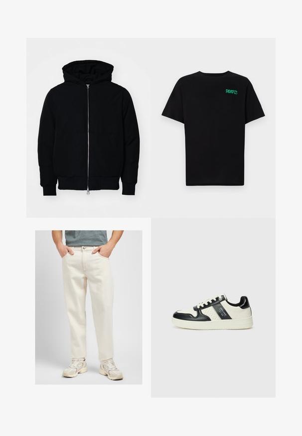 Mustaga kapuutsiga jakk, millel on esineed, kenguru tasku, soonikkoes, ja alläär, esitatud lihtsal valgel taustal.; Must t-särk, mis on valmistatud puuvillast, lühikeste varrukatega. Esipaneelil on roheline "ROOTS" logo, ümmargune kaelus ja tavapärane lõige.; Lee OSCAR - Avar lõikega teksad - off white; Nahatud nahkkingad musta ja kreemi värviskeemiga, millel on perforeeritud aktsendid, pehme krae ja tekstureeritud tallad.