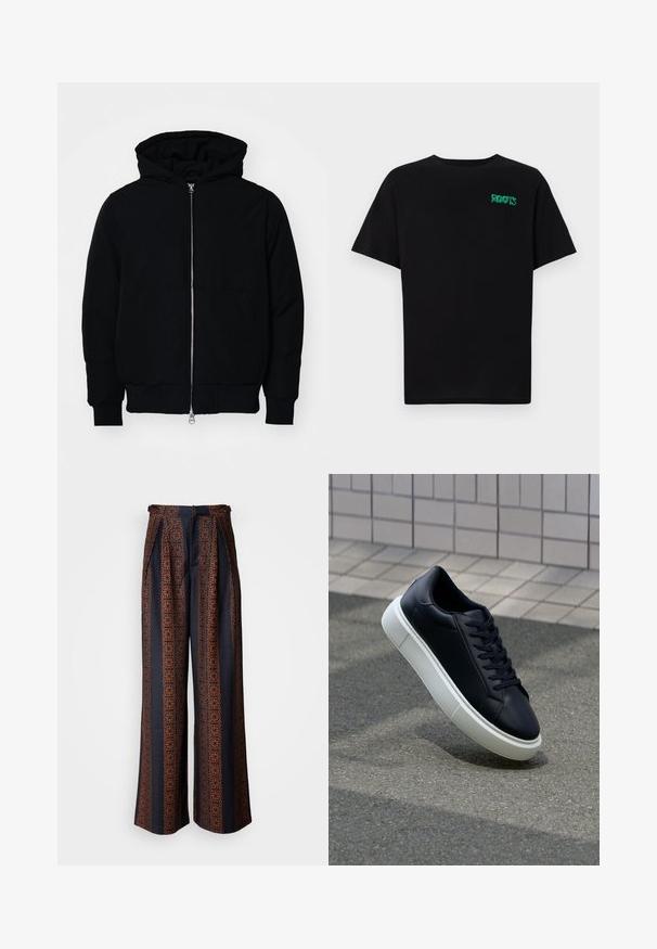 Juodas gobtuvėlis su priekiniu užtrauktuku, kengūros tipo kišene, lygiais rankogaliais ir apvadu, pateiktas ant vientiso balto fono.; Juodas medvilninis marškinėliai trumpomis rankovėmis. Priekyje yra žalias „ROOTS“ logotipas, apvalus iškirpimas ir standartinė prigludimo forma.; Plati kelnės tamsiai mėlynos spalvos audinyje su sudėtingu oranžiniu geometriniu raštu, su surinktu priekiu ir prigludusia juosmens linija.; Juodas odinis sportbačius su apvaliu pirštu ir baltu gumuotu padu. Turi plokščias raišteles ir minimalų siuvimą viršuje. Padangos tekstūra užtikrina sukibimą.