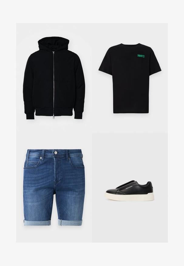 Svart hettejakke med frontglidelås, kengurulomme, ribbestrikket mansjetter og søm, vist på en ensfarget hvit bakgrunn.; svart t-skjorte laget av bomull med korte ermer. Har et grønt "ROOTS"-logo på forsiden, rund halsutringning og standard passform.; Mørkeblå denimshorts med en glat tekstur, der har en rullet kant, fem-lomme design og en metalknap-lukning i taljen.; Sorte slip-on joggesko med teksturert læroverdel, hvit gummisåle og ingen synlige snører. Har merkevarelogo på siden.