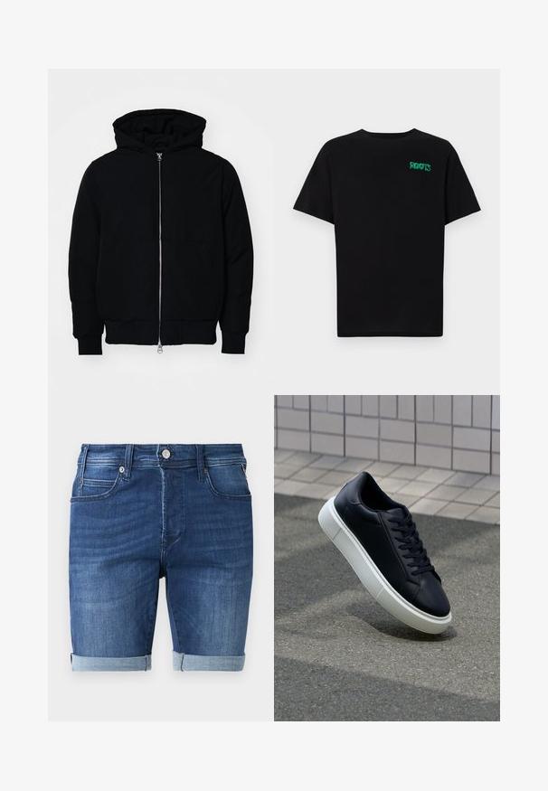 Mustat huppu-untuvatakki, jossa on vetoketju edessä, kenguru-tasku, ribatut hihansuut ja helma, esillä yksinkertaisella valkoisella taustalla.; Mustat t-paidat, jotka on valmistettu puuvillasta ja joissa on lyhyet hihat. Edessä vihreä "ROOTS"-logo, pyöreä kaula-aukko ja normaali istuvuus.; Tummansiniset farkkushortsit, joissa on sileä pinta, kääntöhelma, viisi taskua ja metallinappi vyötäröllä.; Mustat nahkakengät, joissa on pyöristetty kärki ja valkoinen kumipohja. Varusteena litteät nauhat ja minimaalinen ommel ylhäällä. Teksturoitu pohja pitävyyden lisäämiseksi.