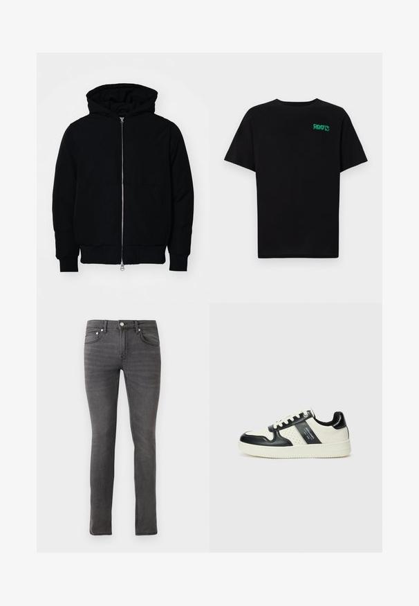 Czarna kurtka z kapturem, z suwakiem z przodu, kieszenią kangurką, ściągaczami przy mankietach i dolnym brzegu, prezentowana na jednolitym białym tle.; Czarna koszulka z bawełny z krótkim rękawem. Posiada zielone logo "ROOTS" z przodu, okrągły dekolt i standardowy krój.; Szare dżinsy o dopasowanym kroju, z klasycznym pięciopocketowym wzorem, z przodu na zapięcie na guzik oraz delikatnym teksturowanym wykończeniem w całej długości.; Skórzane sneakersy w czarno-kremowym schemacie kolorystycznym, z perforowanymi akcentami, wyściełanym kołnierzem i teksturowaną podeszwą.
