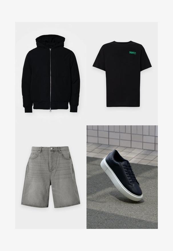 Veste à capuche noire avec fermeture éclair sur le devant, poche kangourou, poignets et ourlet côtelés, présentée sur un fond blanc uni.; T-shirt noir en coton à manches courtes. Présente un logo "ROOTS" vert sur le devant, un col rond et une coupe standard.; Shorts en denim gris avec un design classique à cinq poches, des ourlets retroussés et une fermeture à bouton. Le tissu a une texture légèrement usée.; Baskets noires en cuir avec bout arrondi et semelle en caoutchouc blanc. Elles présentent des lacets plats et une couture minimale sur la tige. Semelle texturée pour une bonne adhérence.