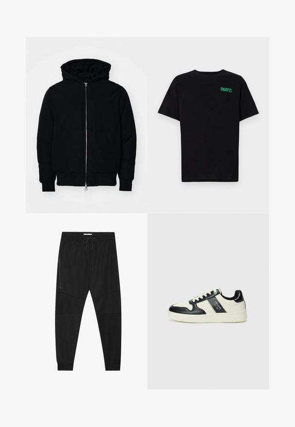 Black hooded jacket with front zipper, kangaroo pocket, ribbed cuffs, and hem, displayed on a plain white background.; Black t-shirt made of cotton with short sleeves. Features a green "ROOTS" logo on the front, round neckline, and standard fit.; Black athletic pants made of textured fabric, featuring an adjustable waistband, zippered side pocket, and tapered cuffs.; Leather sneakers with a black and cream color scheme, featuring perforated accents, a padded collar, and a textured outsole.