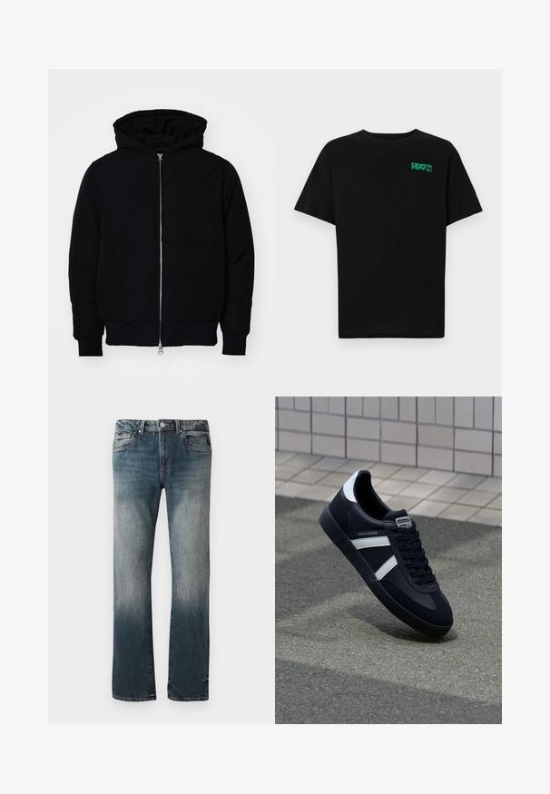 Giacca nera con cappuccio, dotata di zip frontale, tasca a marsupio, polsini e orlo a coste, esposta su uno sfondo bianco semplice.; T-shirt nera in cotone con maniche corte. Presenta un logo verde "ROOTS" sulla parte frontale, colletto rotondo e vestibilità standard.; Jeans in denim blu con vestibilità dritta, effetto scolorito e design a cinque tasche, su uno sfondo bianco.; Sneaker neri in pelle con strisce bianche, suola in gomma texturizzata e allacciatura frontale. Presenta un'etichetta con il marchio sulla linguetta.