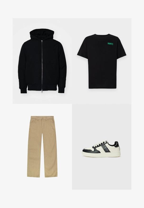 Chaqueta negra con capucha, cierre frontal, bolsillo tipo canguro, y puños y dobladillo acanalados, exhibida sobre un fondo blanco liso.; Camiseta negra de algodón con mangas cortas. Presenta un logo verde "ROOTS" en el frente, escote redondo y corte estándar.; Pantalones de twill de algodón beige con un diseño de pierna recta, cinco bolsillos, cierre de botón delantero y remaches en tono cobre para mayor durabilidad.; Zapatillas de cuero con un esquema de colores negro y crema, que cuentan con acentos perforados, un collar acolchado y una suela texturizada.