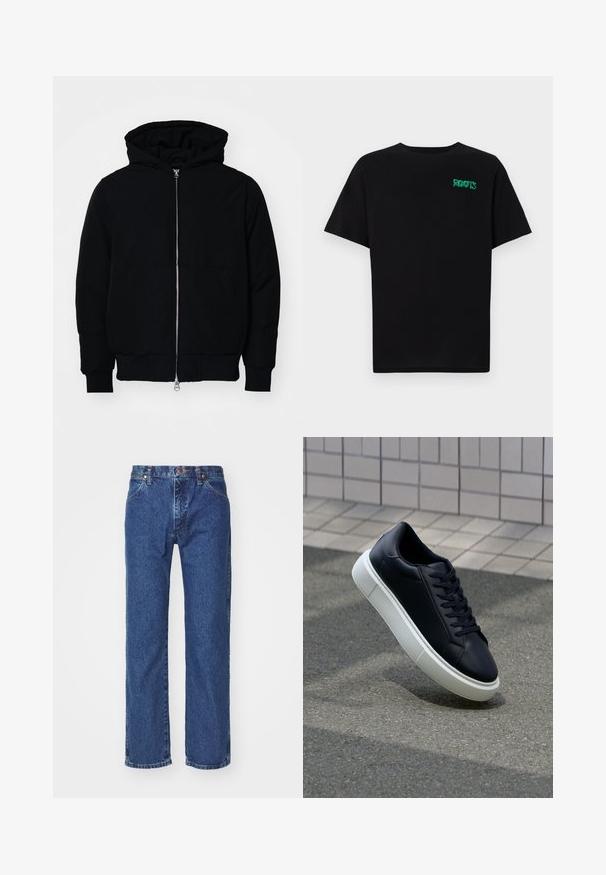 Veste à capuche noire avec fermeture éclair sur le devant, poche kangourou, poignets et ourlet côtelés, présentée sur un fond blanc uni.; T-shirt noir en coton à manches courtes. Présente un logo "ROOTS" vert sur le devant, un col rond et une coupe standard.; Jean en denim bleu à jambes droites avec bouton frontal, fermeture éclair, passants de ceinture et design à cinq poches sur un fond blanc uni.; Baskets noires en cuir avec bout arrondi et semelle en caoutchouc blanc. Elles présentent des lacets plats et une couture minimale sur la tige. Semelle texturée pour une bonne adhérence.