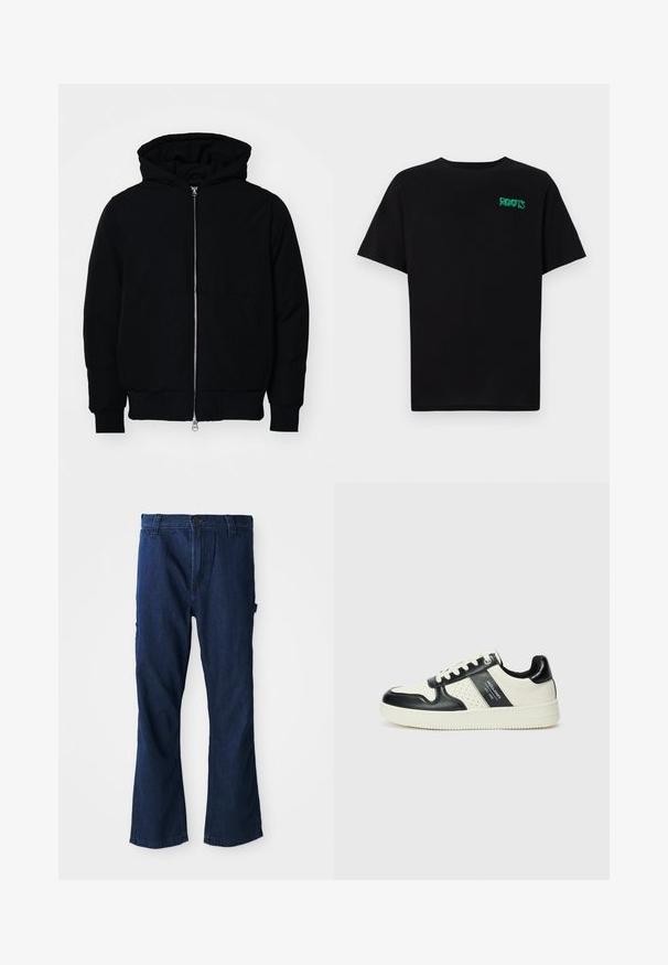 Veste à capuche noire avec fermeture éclair sur le devant, poche kangourou, poignets et ourlet côtelés, présentée sur un fond blanc uni.; T-shirt noir en coton à manches courtes. Présente un logo "ROOTS" vert sur le devant, un col rond et une coupe standard.; Jean en denim bleu avec une coupe droite, fermeture à bouton et deux poches latérales, légèrement décolorés.; Baskets en cuir avec un schéma de couleurs noir et crème, dotées d'accents perforés, d'un col rembourré et d'une semelle texturée.