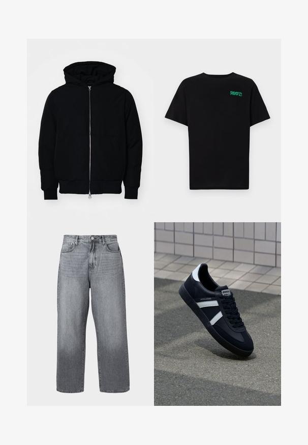 Juodas gobtuvėlis su priekiniu užtrauktuku, kengūros tipo kišene, lygiais rankogaliais ir apvadu, pateiktas ant vientiso balto fono.; Juodas medvilninis marškinėliai trumpomis rankovėmis. Priekyje yra žalias „ROOTS“ logotipas, apvalus iškirpimas ir standartinė prigludimo forma.; Pilkas džinsinis plataus kirpimo kelnes su aukštu liemeniu, penkių kišenių dizainu ir metaliniu užsegimu. Audinys šiek tiek nudilęs prie apvado.; Juodas odinis sportinis batelis su baltais dryžiais, tekstūruota gumine padais ir raišteliais priekyje. Yra prekės ženklą žymintis etiketė ant liežuvio.