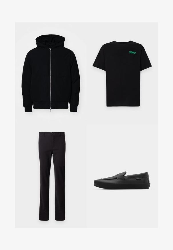 Czarna kurtka z kapturem, z suwakiem z przodu, kieszenią kangurką, ściągaczami przy mankietach i dolnym brzegu, prezentowana na jednolitym białym tle.; Czarna koszulka z bawełny z krótkim rękawem. Posiada zielone logo "ROOTS" z przodu, okrągły dekolt i standardowy krój.; Czarne spodnie wykonane z materiału bawełnianego; mają prosty krój nogawki oraz zapięcie na guzik z przodu. Bez widocznych wzorów czy zdobień.; Vans SKATE UNISEX czarny