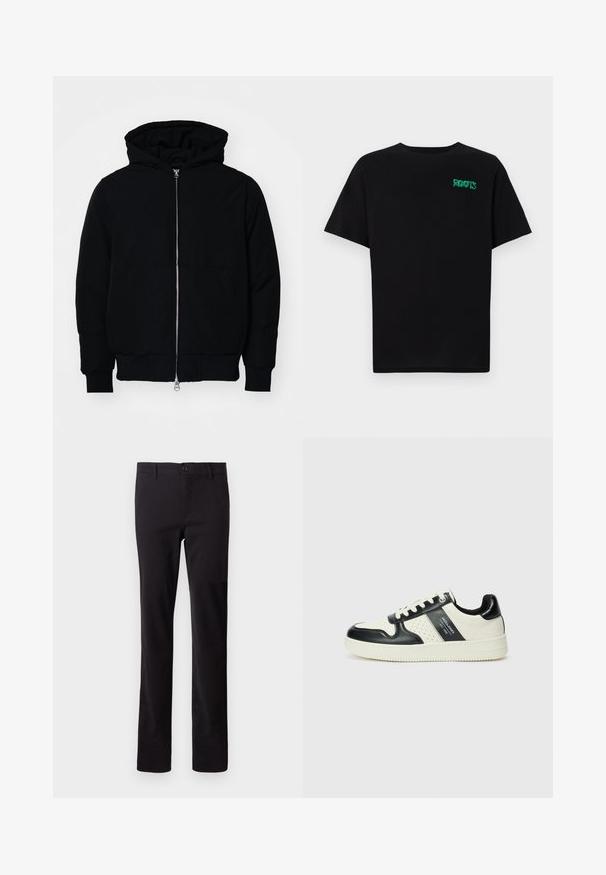 Černá kapucňová bunda s předním zipem, klokaní kapsou, vroubkovanými manžetami a spodním lemem, vystavená na čistém bílém pozadí.; Černé tričko vyrobené z bavlny s krátkým rukávem. Na přední straně se nachází zelené logo "ROOTS", kulatý výstřih a standardní střih.; Černé kalhoty vyrobené z bavlněné směsové tkaniny; mají rovný střih a zapínání na přední knoflík. Žádné vzory ani ozdoby nejsou viditelné.; Kožené tenisky s černobílou barevnou kombinací, které mají perforované detaily, polstrovaný límec a texturovanou podrážku.