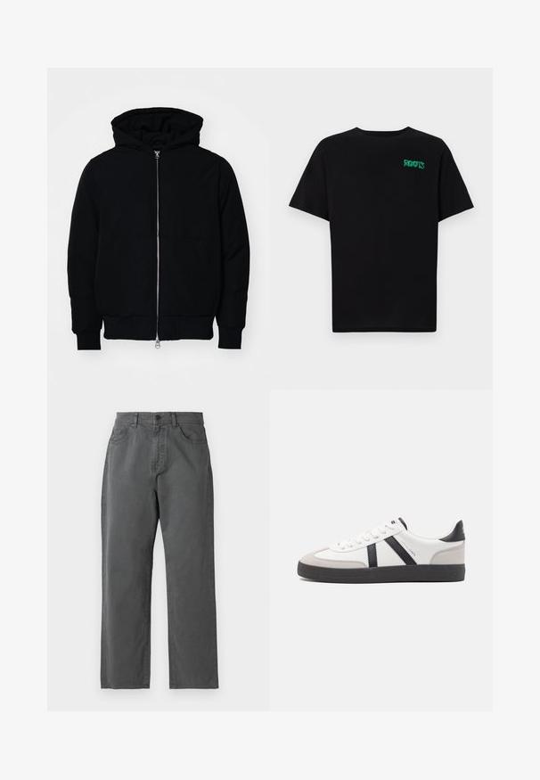Chaqueta negra con capucha, cierre frontal, bolsillo tipo canguro, y puños y dobladillo acanalados, exhibida sobre un fondo blanco liso.; Camiseta negra de algodón con mangas cortas. Presenta un logo verde "ROOTS" en el frente, escote redondo y corte estándar.; Pantalones de tela gris con corte recto, que presentan un cierre de botón y cremallera, cinco bolsillos y detalles de costura sutiles.; Zapatilla blanca con acentos en negro y gris, que presenta una puntera texturizada en gris, suela de goma negra y cordones planos blancos. Diseño limpio, estilo minimalista.